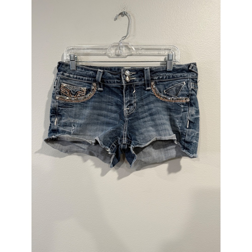 Vigoss Women Denim Shorts Embellished Pockets Distressed Cutoff Blue Size 9‎ 10